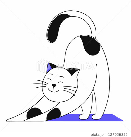 A fat cat stretching with a happy face. Flat style. Vector illustration 127936833