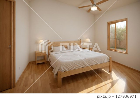 ペット同居型デザイナーズ住宅のお洒落な寝室 127936971