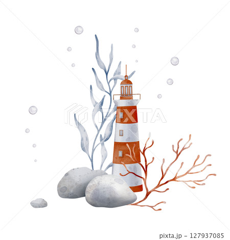 Watercolor Lighthouse on a rock with seashell and air bubbles. Illustration of Beacon in pastel colors. Drawing of Light house for Baby shower design in nautical style. For childish Marine poster. 127937085