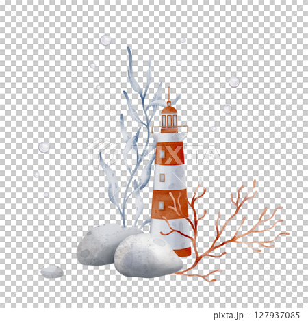 Watercolor Lighthouse on a rock with seashell and air bubbles. Illustration of Beacon in pastel colors. Drawing of Light house for Baby shower design in nautical style. For childish Marine poster. 127937085