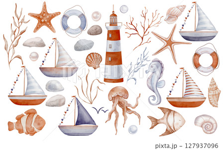 Watercolor clipart with Sailboat and Lighthouse for Baby design in nautical style. Drawing of sea shell, fish in pastel blue and orange red colors on isolated background. Childish marine set for kids 127937096
