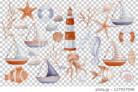 Watercolor clipart with Sailboat and Lighthouse for Baby design in nautical style. Drawing of sea shell, fish in pastel blue and orange red colors on isolated background. Childish marine set for kids 127937096