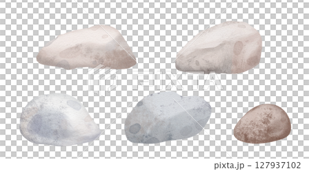 Watercolor set of various natural Stones in soft pastel gray tones. Illustration of Pebbles for underwater landscapes and beach themes. Clipart with Rock on isolated background. 127937102