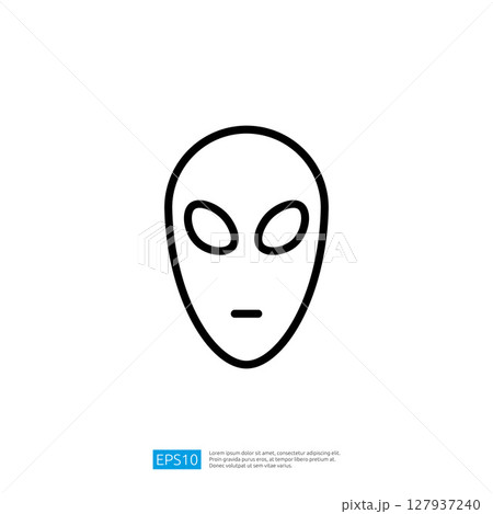 Simple Outline Icon of an Alien Face with Large Eyes and Minimal Features in Black and White Monochrome Design 127937240
