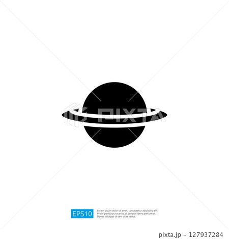 Black Icon of a Ringed Planet in Space with Circular Shape and Decorative Outline Against a White Background 127937284
