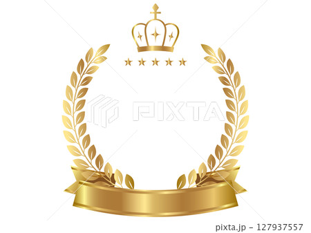 ゴールドカラーの月桂冠と王冠とリボンのフレーム ゴールドカラーの月桂冠と王冠とリボンのフレーム 127937557