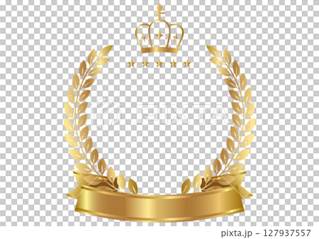 ゴールドカラーの月桂冠と王冠とリボンのフレーム ゴールドカラーの月桂冠と王冠とリボンのフレーム 127937557