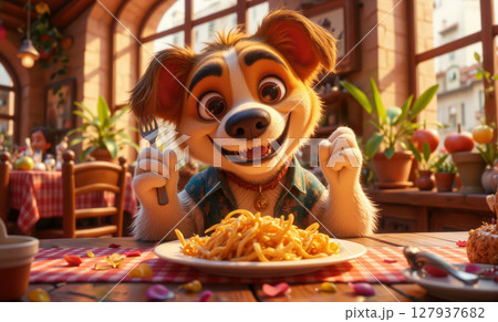 Adorable Happy 3D Cartoon Dog Eating 127937682