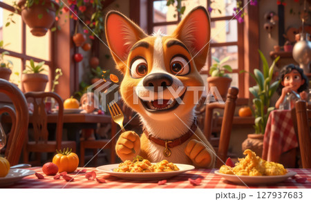 Adorable Happy 3D Cartoon Dog Eating 127937683
