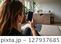 Mockup Photo Woman Sofa Living Room 127937685
