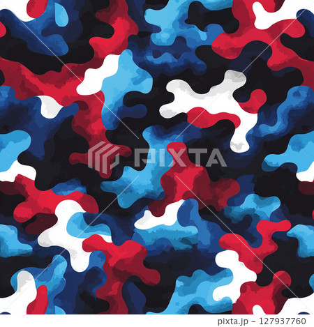 Seamless Patriotic Camouflage Pattern with Blue Highlights and Black Red Shadow Accents 127937760