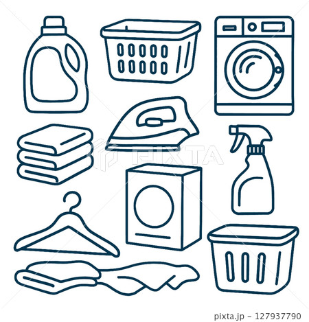Laundry items including detergent, baskets, and iron create clean atmosphere Laundry items including detergent, baskets, and iron create clean atmosphere 127937790