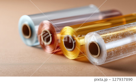 Four rolls of thin, premium colorful film are arranged on neutral background, showcasing variety of textures and hues 127937890