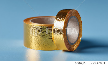 Shiny golden adhesive tape rolls on blue background, showcasing textured metallic surface 127937891