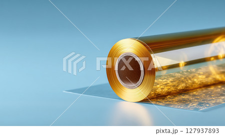 Roll of thin golden film lies on blue surface, reflecting light beautifully 127937893