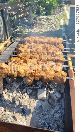 Juicy Cuts of Meat Grilling Over Charcoal in a Backyard Barbecue Setting Near the House 127937928