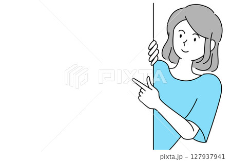 後ろから顔をのぞかせて何かを指さしている笑顔の女性のベクターイラスト 後ろから顔をのぞかせて何かを指さしている笑顔の女性のベクターイラスト 127937941