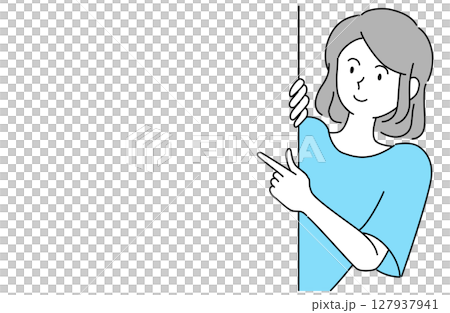 後ろから顔をのぞかせて何かを指さしている笑顔の女性のベクターイラスト 後ろから顔をのぞかせて何かを指さしている笑顔の女性のベクターイラスト 127937941