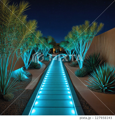 青い光が導く夜の庭園小道 青い光が導く夜の庭園小道 127938143