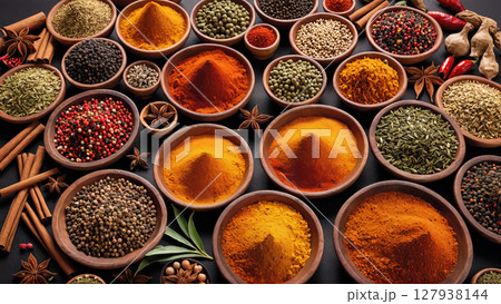 色とりどりのスパイスとハーブの豊かなコレクション 色とりどりのスパイスとハーブの豊かなコレクション 127938144
