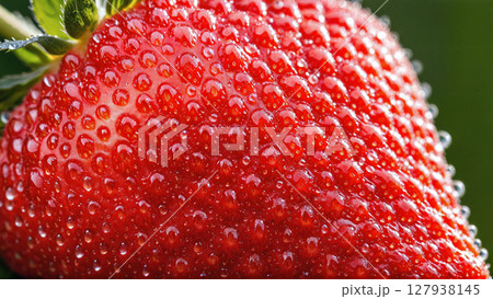 瑞々しい水滴をまとった真っ赤なイチゴのクローズアップ 127938145