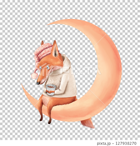 Cozy Fox in Nightcap on Crescent Moon Illustration 127938270