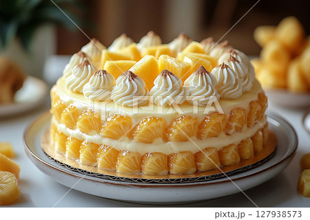 Romantic biscuit. Pineapple cakes in Yellow tones on dessert stand with soft lighting. 127938573