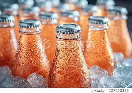 Summer lifestyle. Retro cooler filled with glass soda bottles and ice. Retro style. Close-up. Summer lifestyle. Retro cooler filled with glass soda bottles and ice. Retro style. Close-up. 127938586