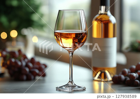 Gourmet experience. Wine Glass with white wine and a bottle of wine with a blank label next to it. Mockup for wine industry branding. 127938589