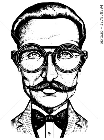 Vintage vector illustration of a gentleman with a top hat and mustache, drawn in a classic engraving style. Generated AI 127938594