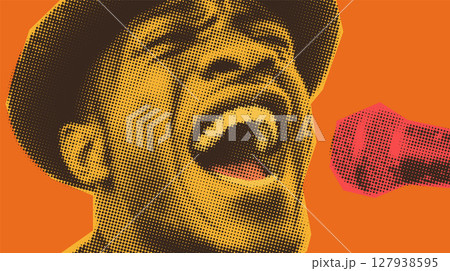 Pop art style portrait of a jazz and blues singer passionately performing with microphone 127938595