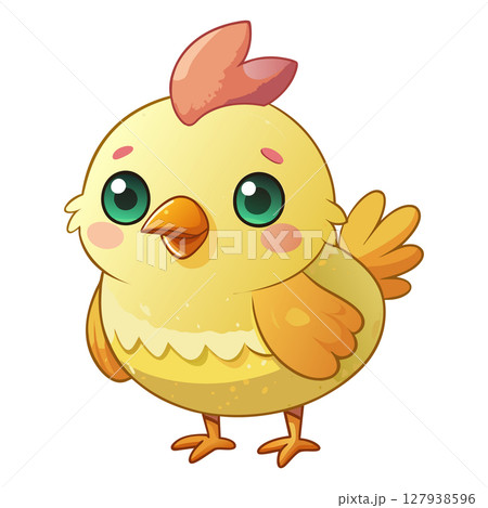 Cute cartoon chicken with big eyes and red comb in kawaii chibi art 127938596