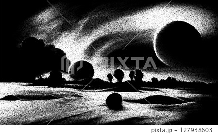 Alien planet landscape in retro dotwork style. Planets and satellites over unknown planet in space. Sci-fi world landscape beyond our galaxy. 127938603