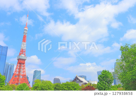 東京都港区、東京タワーと新緑の風景 127938658