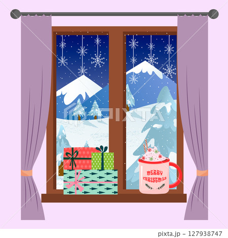 Window with winter landscape, gifts and a mug of delicious cocoa. Greeting card for winter holidays. Cozy festive atmosphere. Window with winter landscape, gifts and a mug of delicious cocoa. Greeting card for winter holidays. Cozy festive atmosphere. 127938747