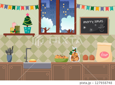 Decorated kitchen interior for Christmas celebration. Winter night view from the window. Cooking ingredients on the kitchen table. New Year holiday season. Decorated kitchen interior for Christmas celebration. Winter night view from the window. Cooking ingredients on the kitchen table. New Year holiday season. 127938748