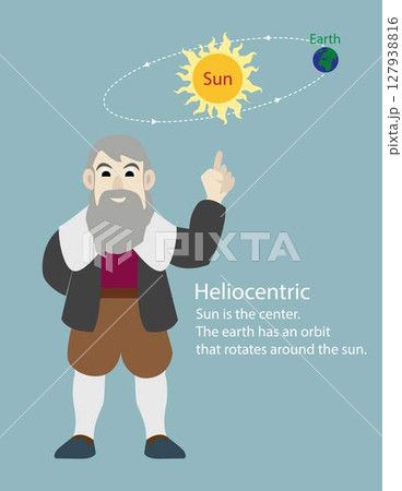 illustration of physics and astronomy, astronomer Nicolaus Copernicus with a heliocentric model, the scientific revolution of the Renaissance, Modern design icon of solar system 127938816