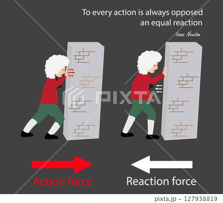 illustration of physics, law of motion, Law of Action-Reaction, Newton's third law, Law of inertia, Compression force, showing action reaction force direction example 127938819