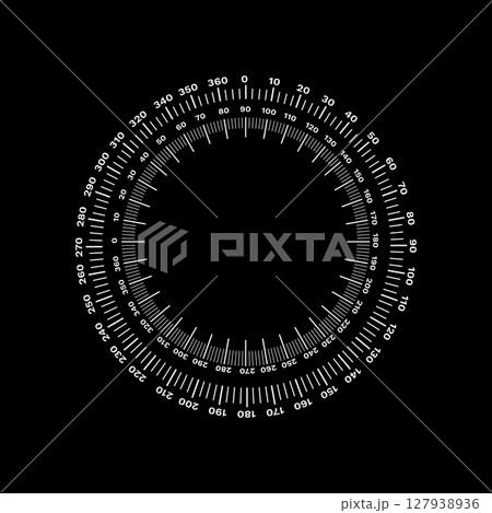 Circular measuring scale with detailed tick marks and numeric indicators for precise measurement 127938936