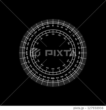 Circular measuring scale with radial tick marks and numeric indicators in black design 127938938