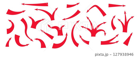 Dynamic red arrows illustrating attack paths and strategic movements with bold curved shapes Dynamic red arrows illustrating attack paths and strategic movements with bold curved shapes 127938946
