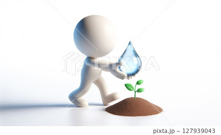 3D white figure with a drop of water to water a small growing plant, to raise awareness for the protection of planet earth 127939043