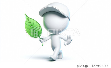 3D white figure with a green leaf to raise awareness about protecting planet earth 127939047