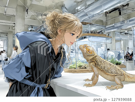 爬虫類カフェでトカゲと戯れる笑顔の女性のイラスト素材 127939088