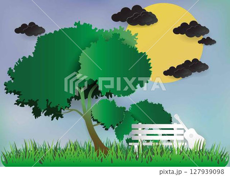 Beautiful tree and moon view art pictures, beautiful night sky, colorful paper art images, Ecology and world 127939098
