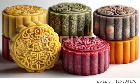 stack of colorful traditional mooncakes in yellow, red, orange, and brown tones, neatly arranged on a white background, representing Mid Autumn Festival treats and cultural celebration 127939176