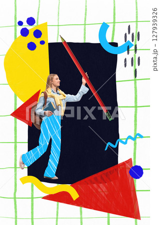 Student walking holding oversized pencil against colorful geometric background. School themed Student walking holding oversized pencil against colorful geometric background. School themed 127939326
