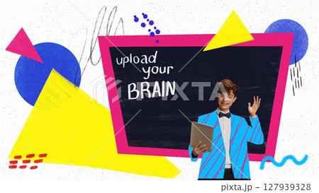 Colorful back to school poster with student waving and chalkboard message "upload your brain" Colorful back to school poster with student waving and chalkboard message "upload your brain" 127939328