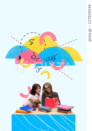 Bold visual mashup. Two students studying with colorful books and math formulas on bright background 127939344