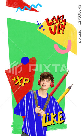 Youthful back to school collage with colorful geometric shapes and motivational text. Poster, flyer 127939345